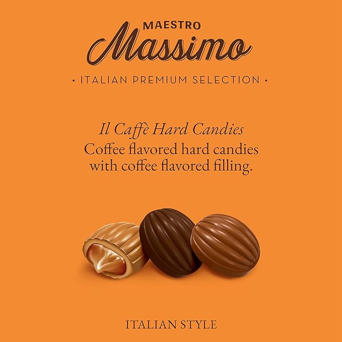 Maestro Massimo Center Filled Hard Pocket Coffee Candy, 3mg Caffeine per Candy, Individually Wrapped, Macchiato, Espresso, Cappuccino Flavored, 7.05 oz Bag - Variety Pack of 12