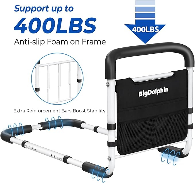 Bed Rails for Elderly Adults Safety - ASTM Compliant Adjustable Bed Cane 2026 Upgrade with Non-Slip Ergonomic Handle & Storage Pocket, Bed Railings for Seniors Support 400 LBS, Tool-Free