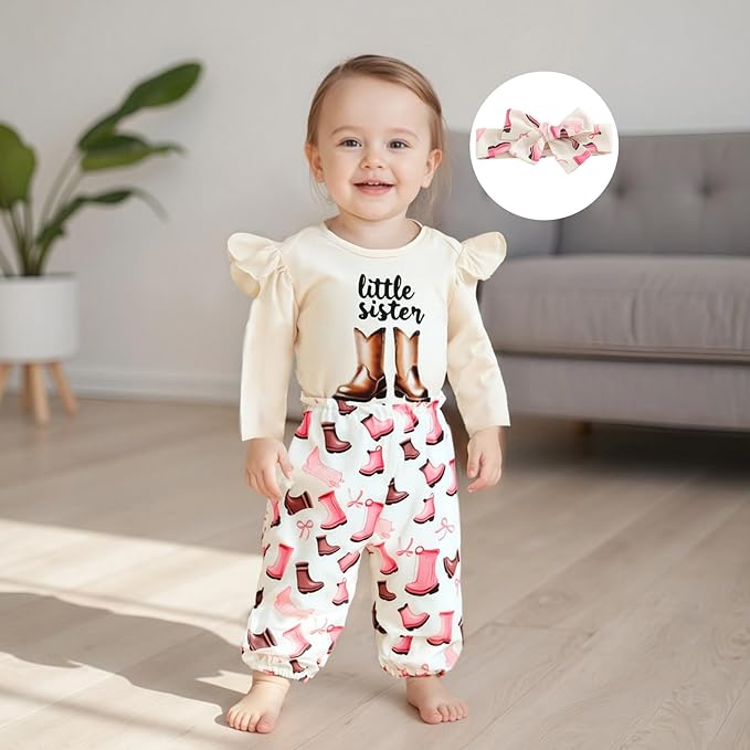 Fernvia Western Newborn Baby Girl Clothes Long Sleeve Letter Print Romper Animal Print Pants Headband 3Pcs Outfits Sets