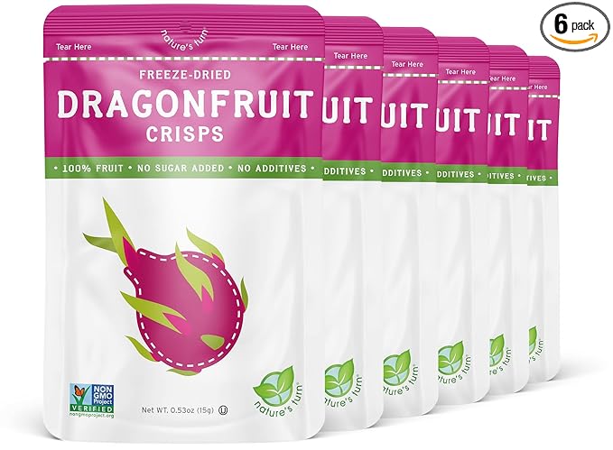Nature’s Turn Freeze-Dried Dragon Fruit Crisps – Healthy, Gluten-Free, Crispy & Delicious, Plant-Based Snack, Ideal for Cereal, Smoothies, School Lunches, & On-the-Go, Pack of 6 (0.53 oz Each)