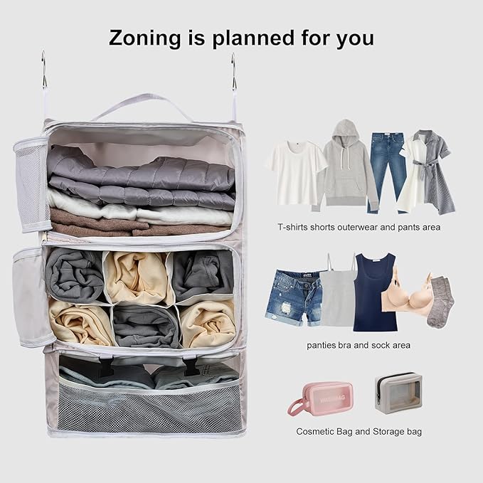 TABITORA Travel Portable Hanging Shelves Closet Organizer Packing Luggage Storage with Multifunctional and Foldable Invisible Compartment,Lightweight, for Suitcase, RV,Closet…Pink,XL