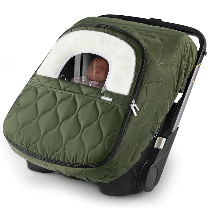 Winter Baby Car Seat Cover, Waterproof, Windproof Warm Fleece Breathable with Full Zipper for Newborn Car Seat, Green