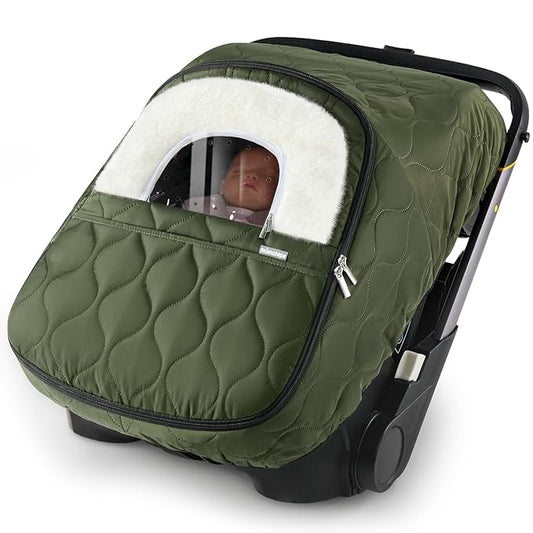 Winter Baby Car Seat Cover, Waterproof, Windproof Warm Fleece Breathable with Full Zipper for Newborn Car Seat, Green