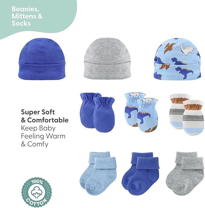 The Peanutshell Baby Layette Gift Set for Boys - 16 Piece New Born Boy Gift Set, Baby Clothes & Newborn Essentials Must Haves - Newborn Clothes 0-3 Months - Blue Dino