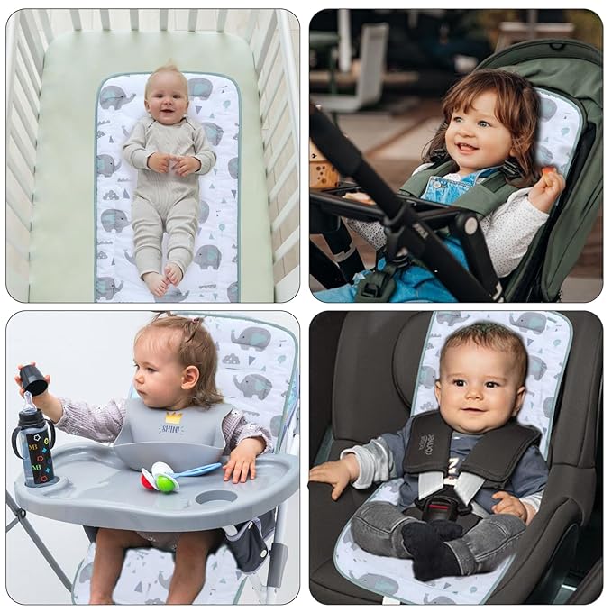 Baby Stroller Cushion,Infant Car Seat Insert-Reversible Universal Breathable and Soft Newborn Stroller Mat,100% Cotton Cover Toddler Seat Pad Liner-34x78cm,1 Pack(Elephant Green+White)