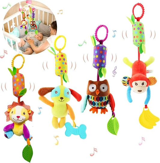 BLOOBLOOMAX Baby Soft Hanging Rattle, Car Seat Stroller Toys with Plush Animal C-Clip Ring for Infant Babies Boys and Girls 3 6 9 to 12 Months (4pcs)