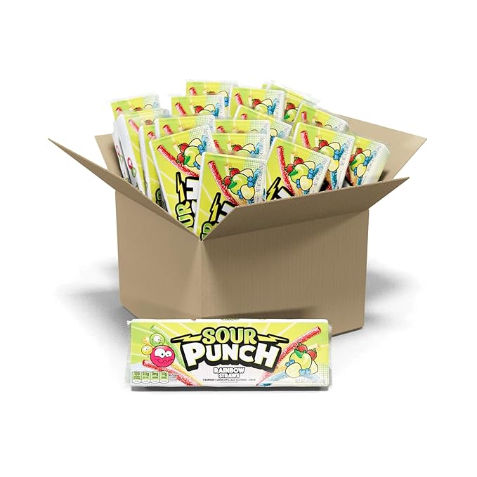 Sour Punch Straws, 4 Rainbow Fruit Flavors, Chewy Sweet & Sour Candy, 4.5oz Tray (24 Pack)