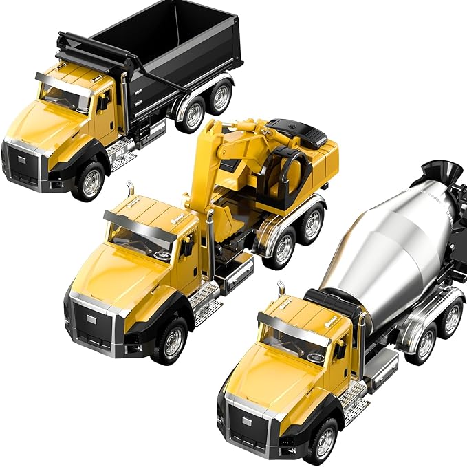 TEMI 3 Pack of Diecast Engineering Construction Vehicles, Dump Truck, Digger, Mixer Truck, 1/50 Scale Metal Collectible Model Cars, Pull Back Car Toys with Opening Doors for Boys and Girls