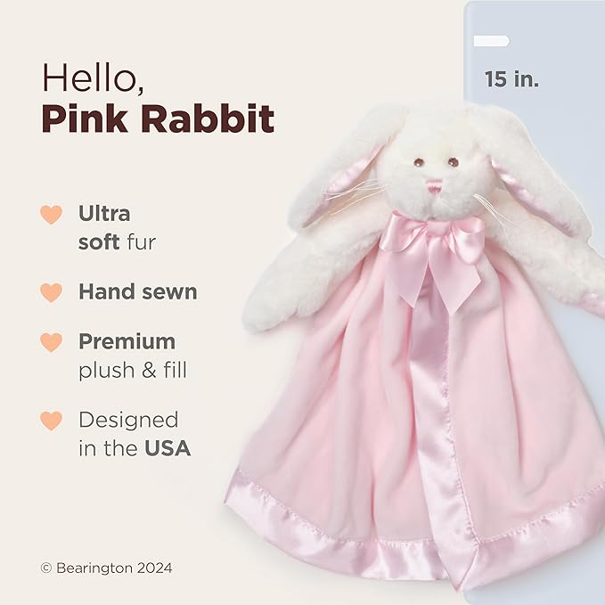Bearington Baby Bunny Snuggler - 15 Inch Pink Rabbit Plush Stuffed Animal Security Blanket Lovey for Babies - Bunny Lovey Plush Blanket