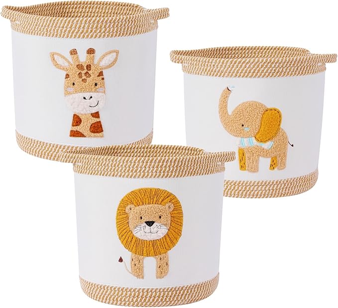 3-Piece Woven Baby Toy Baskets Laundry Hampers, Foldable Nursery Organizer for Toys Clothes Stuffed Animals, Roomy Sturdy Hampers for Baby Gift Nursery Decor Baskets Lion/Giraffe/Elephant Design