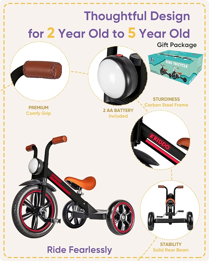 KRIDDO Kids Tricycle, 12 Inch Puncture Free Wheel w Front Light, Adjustable Seat Height, Gift for 2-5 Year Olds, Trike for Toddlers, Black