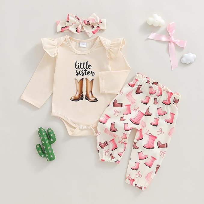 Fernvia Western Newborn Baby Girl Clothes Long Sleeve Letter Print Romper Animal Print Pants Headband 3Pcs Outfits Sets
