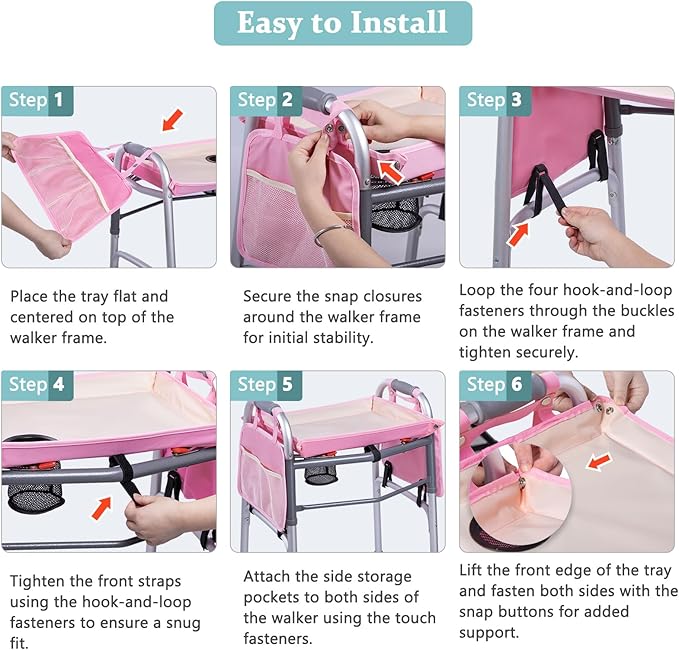 BAGSFY Walker Tray with Cup Holder & 2 Side Pockets, Folding Walker Table for Seniors | Sturdy, Easy-Clean Tray with PEVA Surface | Universal Fit for Standard Walkers, Walker Accessory for Elderly