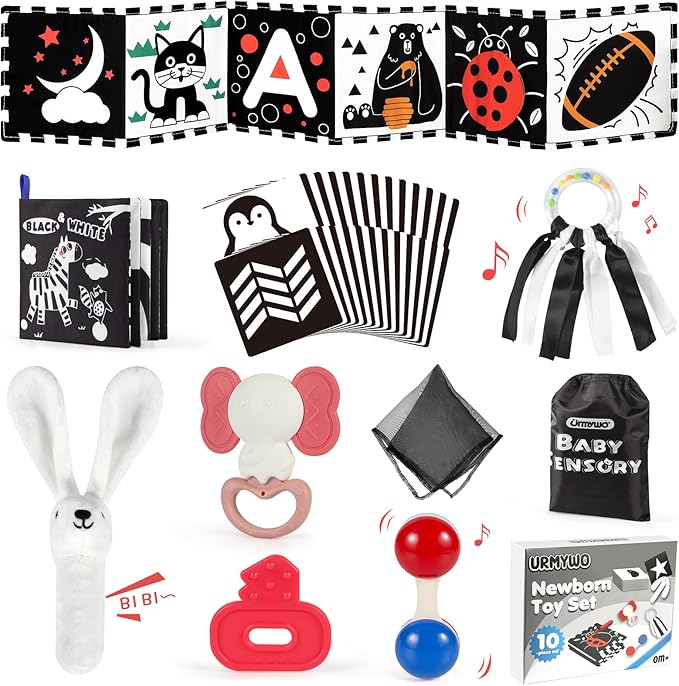 Baby Toys for 0-6 Months, High Contrast Black and White Sensory Toys for Newborn 0-6 M, Rattle Teether Tummy Time Audio Visual Stimulation Learning Activity for 0-12 Months, Baby Boy Girl Gifts 10 Pcs