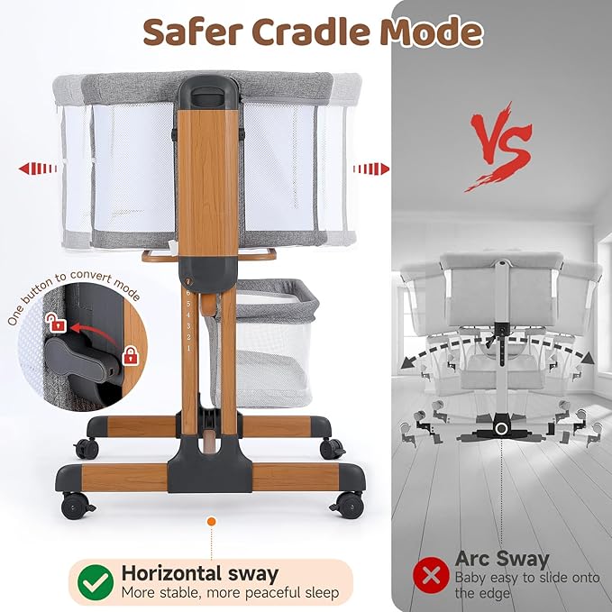 Ezebaby 3-in-1 Rocking Bassinet for Baby Adjustable Baby Bassinets Bedside Sleeper with Wheels Storage Basket and Mesh Sides for Newborn Infant