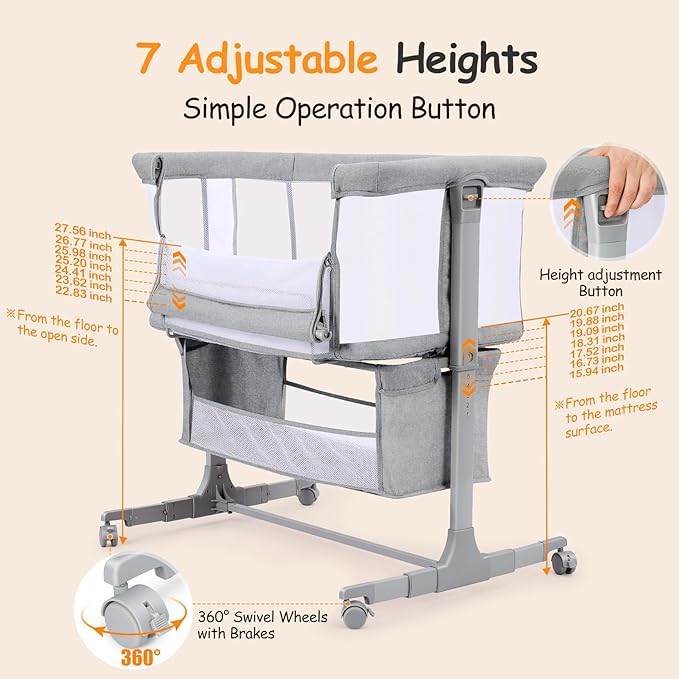 Ezebaby Bedside Bassinet for Baby, Portable Baby Bassinet Bedside Sleeper for Newborn Infants with Wheels Storage Basket, Adjustable 7 Heights and All Mesh Sides