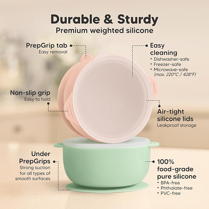 KeaBabies 2-Pack Baby Bowls with Suctions, Lids - Silicone Toddler Suction Bowls for Baby Boy, Girl, Kids, Food Grade Silicone, BPA-Free, Dishwasher Safe, Toddler Eating Essentials (Mellow)