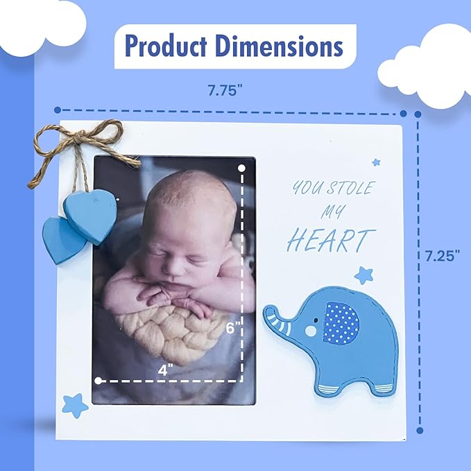 Baby Boy You Stole My Heart Newborn Wooden Picture Frame | Perfect for Baby Shower, Pregnancy Gift, Mom & Grandma Gifts | Fits 4 x 6 Pic (Blue)