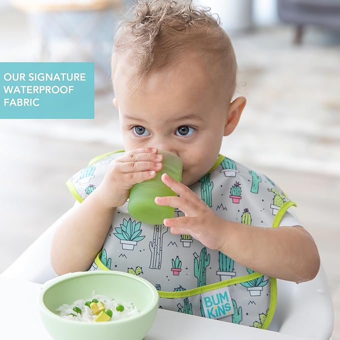 Bumkins Bibs for Girl or Boy, SuperBib Baby and Toddler 6-24 Months, Essential Must Have for Eating, Feeding, Baby Led Weaning Supplies, Mess Saving Catch Food, Waterproof Soft Fabric, Green Cactus