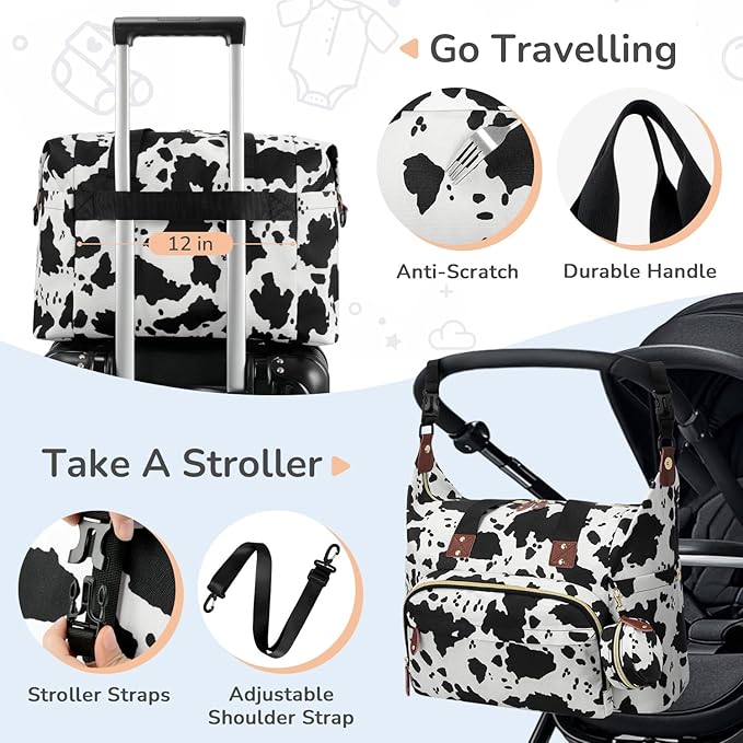 Diaper Bag Tote, Baby Bag Travel Diaper Tote Bag with Pacifier Case, Cute Maternity Hospital Baby Stylish Diaper Tote for Mom Dad Cow Print