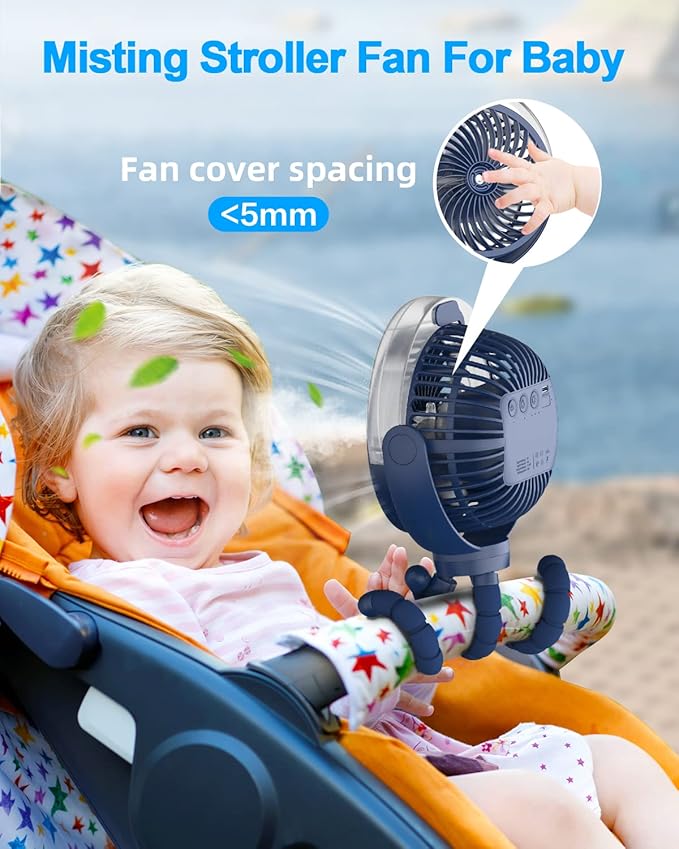 Misting Stroller Portable Fan, 6000mAh Battery Operated Fan with 3-Speed, 360° Rotation, LED Light, Flexible Tripod for Baby, Dark Blue