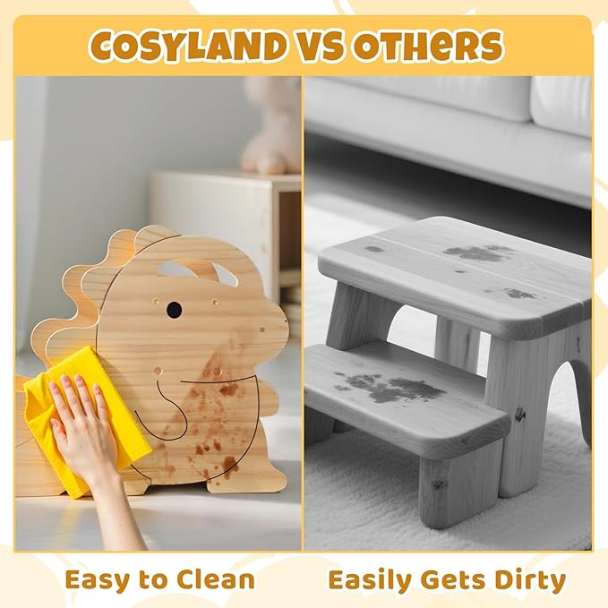 COSYLAND 2 Step Stool for Kids – Height Adjustable Non-Slip Toddler Stepping Stool for Bathroom Sink & Potty Training - Stable Dinosaur Shaped Kids Stool for Kitchen, Bedroom & Home (Natural)