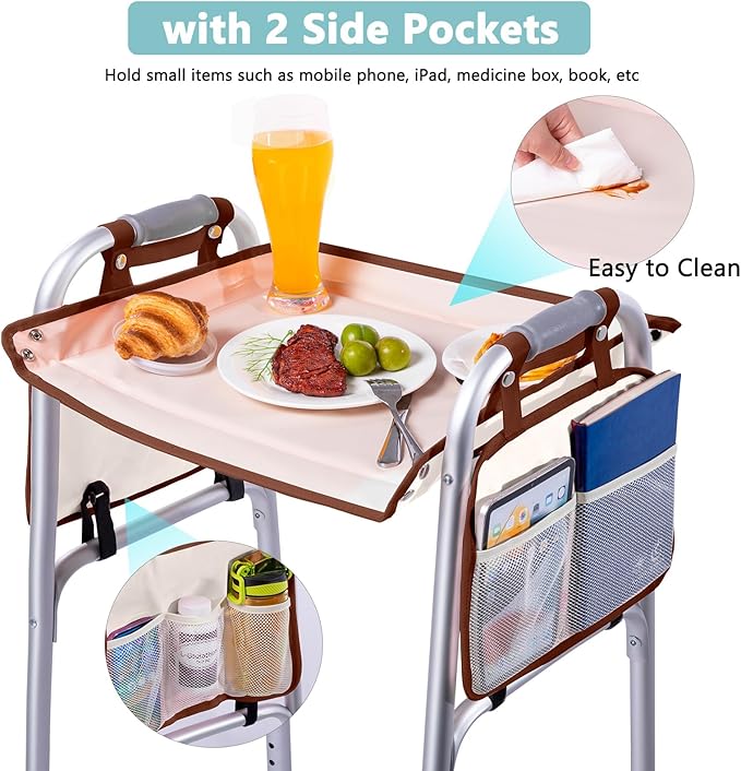 BAGSFY Walker Tray with Cup Holder & 2 Side Pockets, Folding Walker Table for Seniors | Sturdy, Easy-Clean Tray with PEVA Surface | Universal Fit for Standard Walkers, Walker Accessory for Elderly