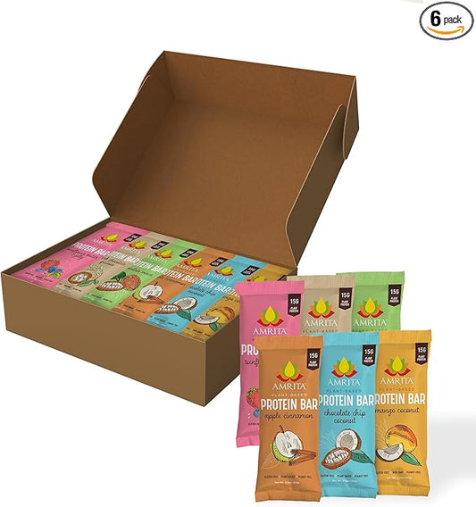 Amrita Nut Free Vegan Protein Bars 6 Flavor Variety | 15g Plant-Based Protein Bar | Peanut-Free, Gluten Free, and Dairy-Free | No Added Sugar, High Fiber, Healthy Snacks for Kids/Adults