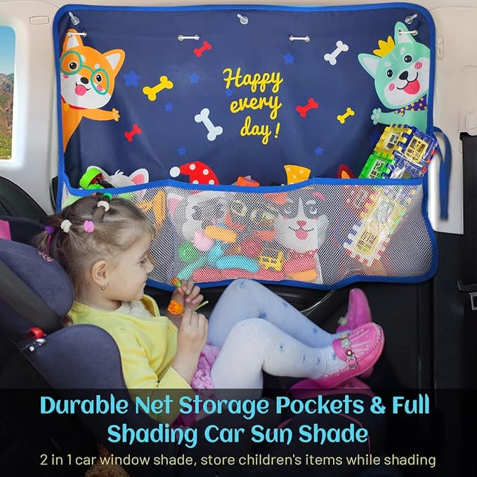 2 Pack Car Window Shade for Baby, Blackout Car Sun Shades with Storage Pockets, 7 Suction Cups, Blue, Cute Patterns for Sun/Heat/UV Rays Protection, Standard Passenger Cars