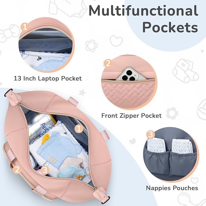 Diaper Bag Tote, Baby Bag Travel Diaper Tote Bag with Pacifier Case, Cute Maternity Hospital Baby Stylish Diaper Tote for Mom Dad Medium Size, Pink