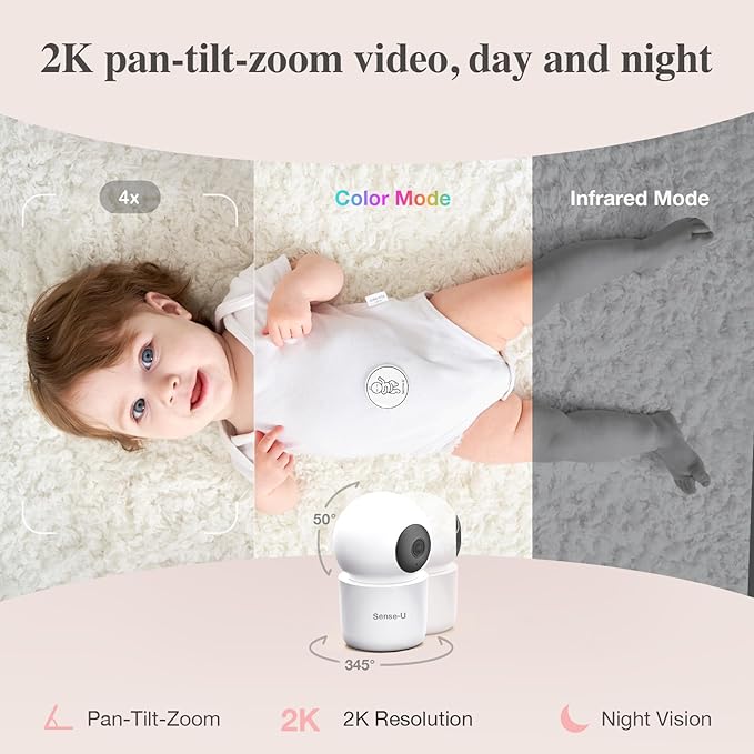 Sense-U AI 2K PTZ Baby Camera Monitor with Sensor-Free Sleep Breathing Movement Detection, Smart Security Indoor Video Camera with Background Audio, Sound Detection, No Monthly Fee, for Peace of Mind