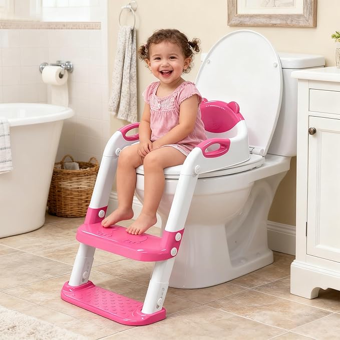 Toilet Potty Training Seat with Step Stool Ladder, SKYROKU Toddler Potty Seat for Kids and Toddler Boys Girls, Splash Guard and Safety Handles(Hot Pink)
