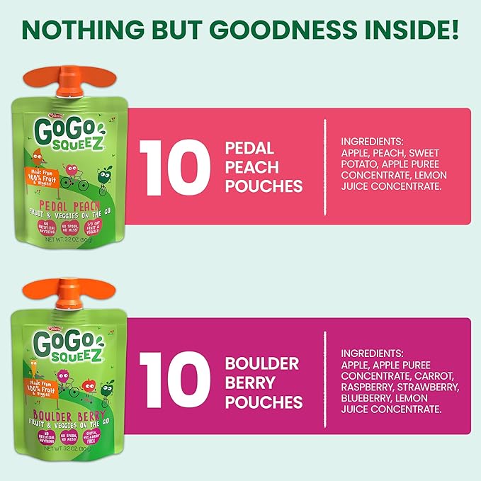 GoGo squeeZ Fruit & veggieZ Applesauce and Puree Variety Pack, Pedal Peach and Boulder Berry, 3.2 oz (Pack of 20), Unsweetened Snacks for Kids, BPA Free Pouches
