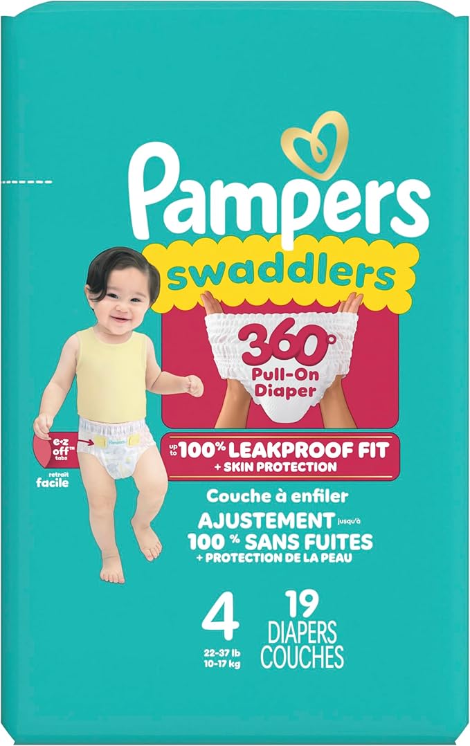 Pampers Diapers - Swaddlers 360° - Size 4, 19 Count, up to 100% Leakproof Comfy Dry Fit, Designed for Easy Changes, Pull On Baby Diaper