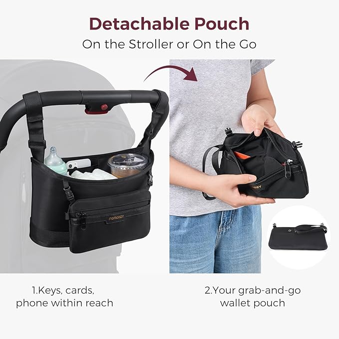 Momcozy Universal Stroller Organizer | Minimalist Caddy with 2 Insulated Bottle Holder | Silicone Anti-Slip Straps | Detachable Mini Pouch | Durable Dense-Weave, Fits for UPPAbaby/Doona & More