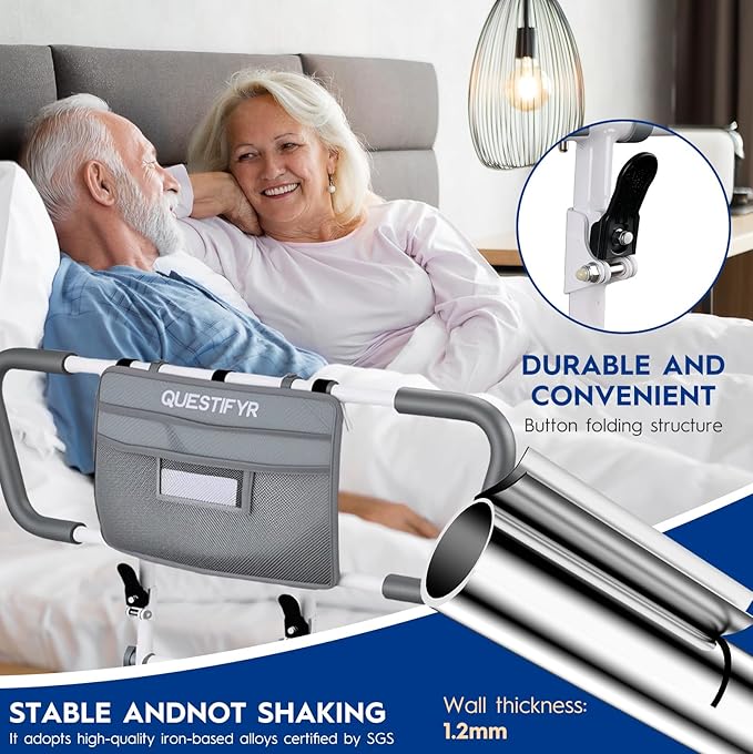Bed Rails for Elderly Adults Safety – Foldable & Adjustable Bed Assist Rail with Motion Sensor Light & Storage Pouch, Non-Slip Handle, Tool-Free Assembly, Fits King, Queen, Full, Twin Beds
