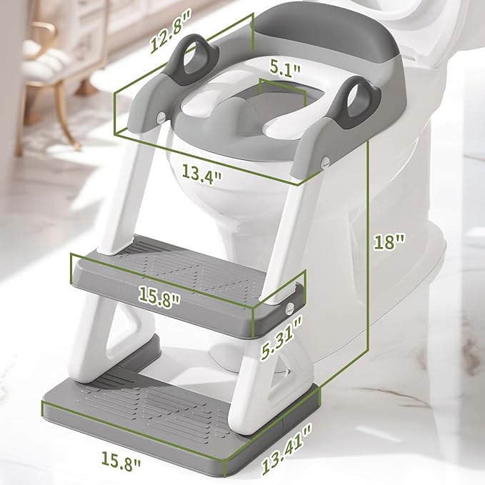 Potty Training Toilet Seat with Step Stool Ladder for Boys and Girls, 2 in 1 Potty Training Toilet, Splash Guard Anti-Slip Pad Step Stool（Gray-White) Pedal Upgrade