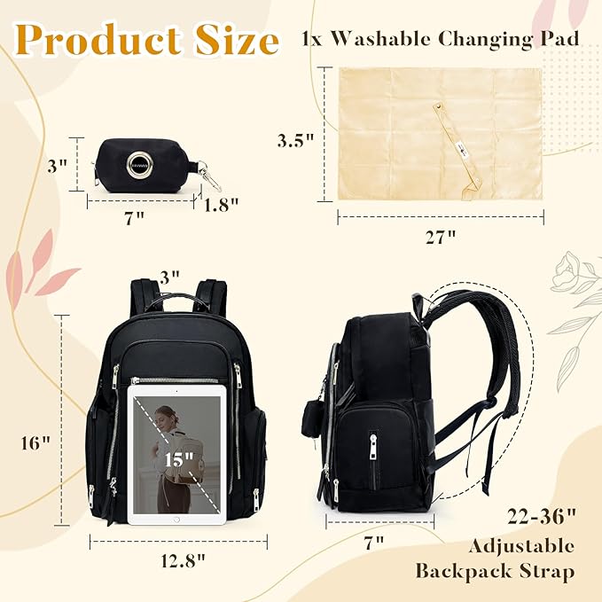 miss fong Diaper Backpack - Mommy & Dad Diaper Bag with Dispenser, 16 Pockets, Large Capacity, Travel & Baby Shower Gifts - Dark Black