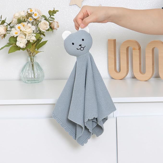 LAWKUL Baby Blanket Bear Lovey Soft Cuddly Security Blanket for Newborns Infants Boy Girl Knit Snuggle Comfort Blue 16x16in