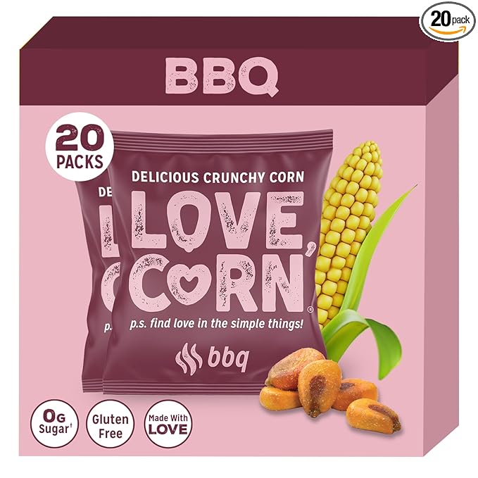 LOVE CORN BBQ 0.7oz x 20 Bags - Delicious Crunchy Corn - Healthy Family Snacks - Gluten Free, Kosher, NON-GMO - Alternative for Chips, Nuts, Crackers & Pretzels - Perfect for Charcuterie Boards
