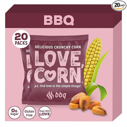 LOVE CORN BBQ 0.7oz x 20 Bags - Delicious Crunchy Corn - Healthy Family Snacks - Gluten Free, Kosher, NON-GMO - Alternative for Chips, Nuts, Crackers & Pretzels - Perfect for Charcuterie Boards