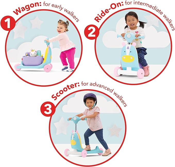 Skip Hop Kids 3-in-1 Baby Activity Push Walker & Ride On Scooter Toy, Unicorn