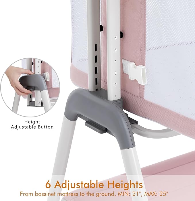 ANGELBLISS Baby Bassinet Bedside Sleeper, Easy Folding Portable Bassinet for Baby Girl with Wheels, Adjustable Height, Included Mattress (Pink)