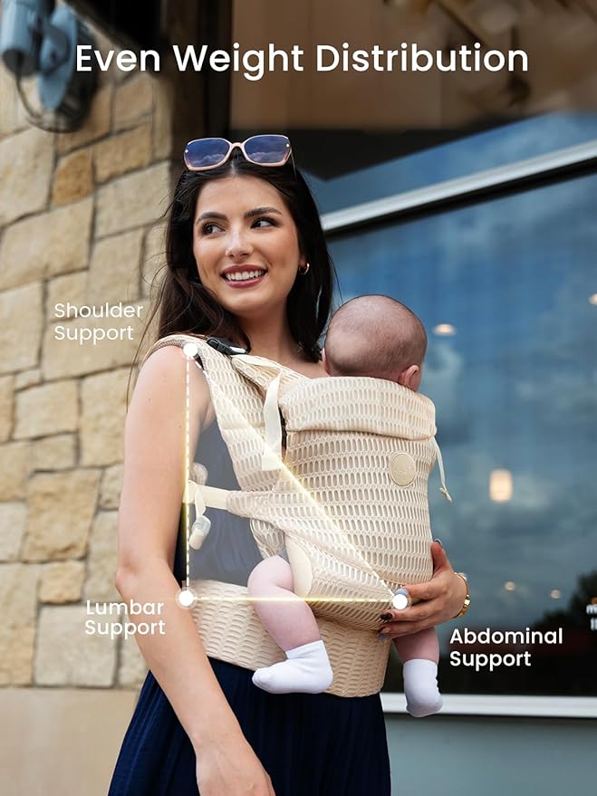 Grownsy Baby Carrier Newborn to Toddler (7-44lbs), Ergonomic & Cozy Wraps with One-Click Buckle, Mesh & Head Support for Hands-Free Comfort, Almond Beige