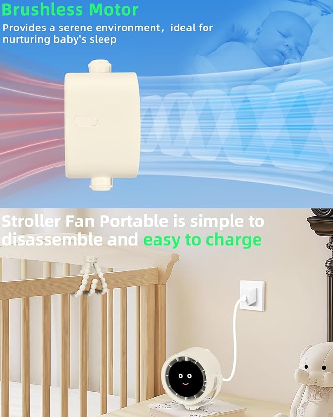 Stroller Fan Portable, Personal Fan for Travel, Air Turbo Tech&Digital display, Detachable 5 Speeds Rechargeable 360° Rotate Flexible Tripod Fan, For Home Office Stroller Camping - Rice White