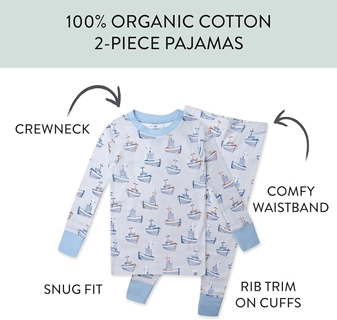 HonestBaby 2-Piece Pajamas Sleepwear Pjs 100% Organic Cotton for Baby, Toddler, Kids, Boy