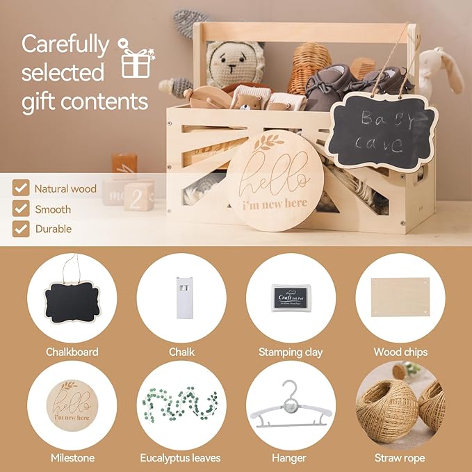 8 In 1 Wooden Baby Shower Crate Closet, Baby Basket with Handle Footprint Kit for Baby Shower Gifts, Baby Shower Wooden Gift Crate, Baby Personailzed Basket for Pregnancy New Parent