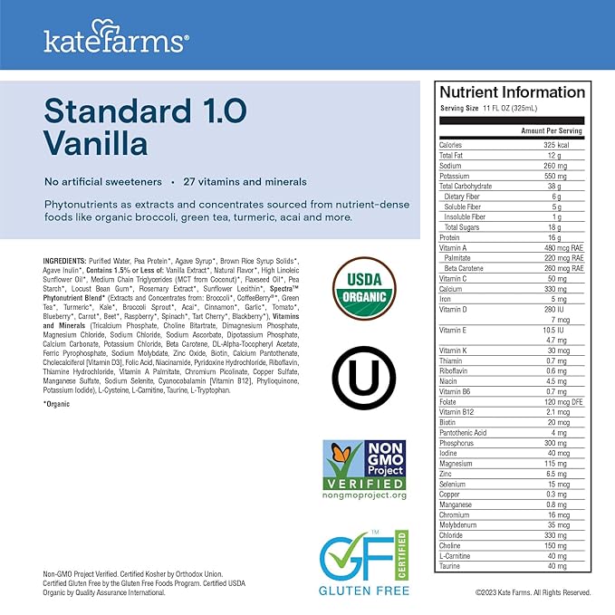 KATE FARMS Organic 1.0 Sole-Source Nutrition Shake, Vanilla, 16g Protein, 27 Vitamins and Minerals, Meal Replacement, Protein Shake, 11 oz (12 Pack)