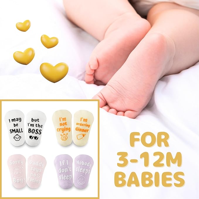 InnoBeta Baby Socks Set with Funny Quotes (4 Pairs) Newborn/Infant Socks for Baby Shower, Gender Reveal 3-12 Months