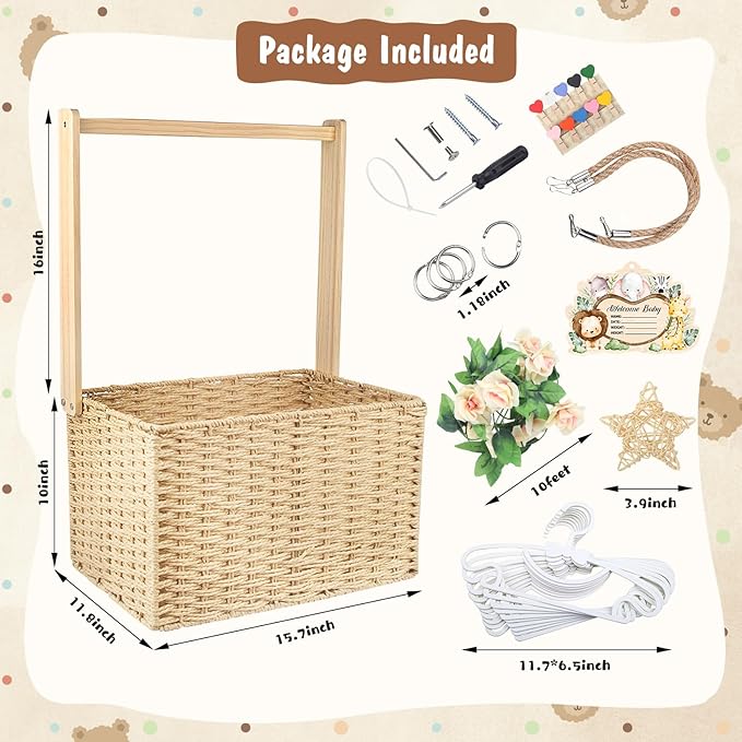 Wooden Baby Shower Crate Closet, Foldable Handwoven Storage Basket for Baby Shower Gifts, Welcome Gift Basket for Newborn Boys Girls, Pregnancy Gifts for New Parents